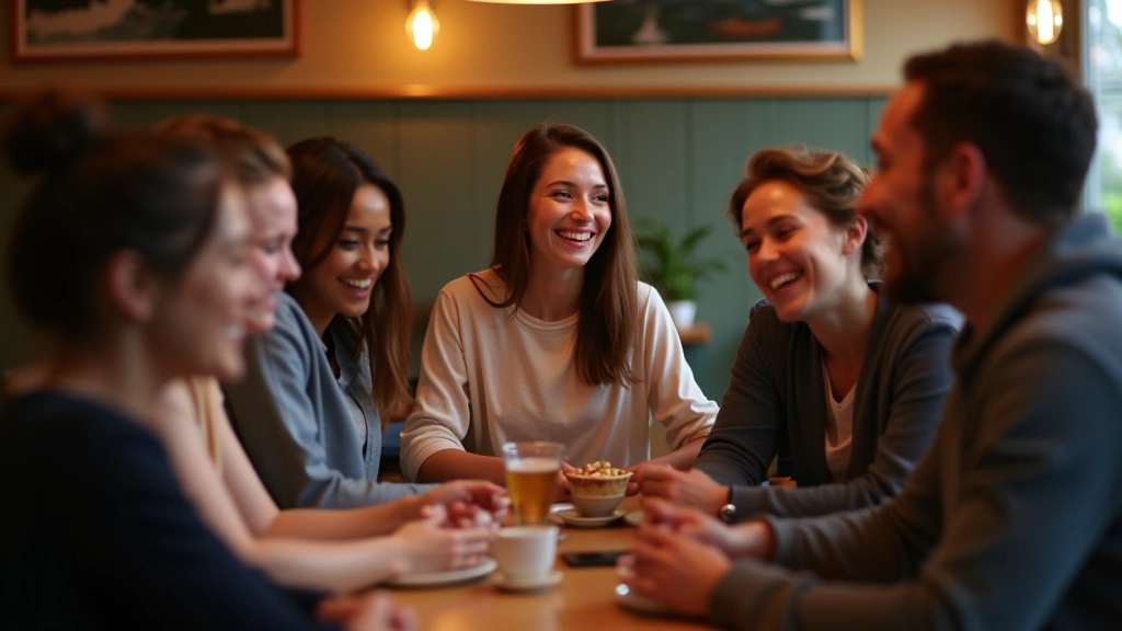 Groep vrienden lachend samen in cafÃ©, gezellige sfeer, sociale verbinding, warme verlichting