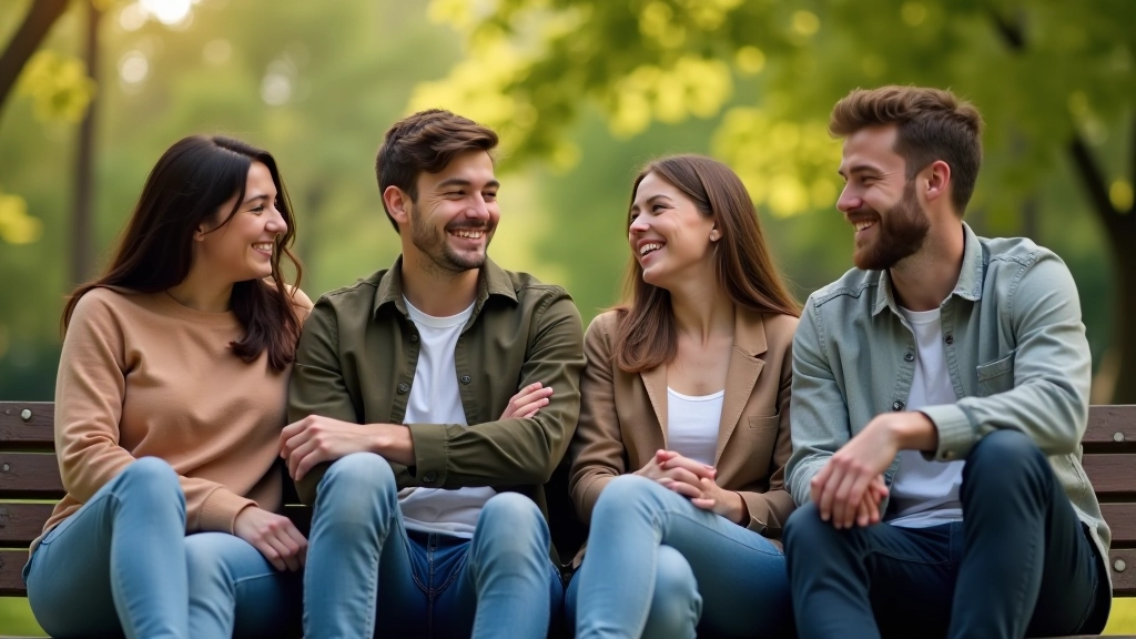 Groep vrienden samen in park, informeel hangout, lachen, natuurlijke sfeer, sociale binding