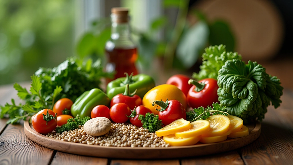 Gezonde maaltijd op houten tafel, verse groenten en fruit, heldere compositie