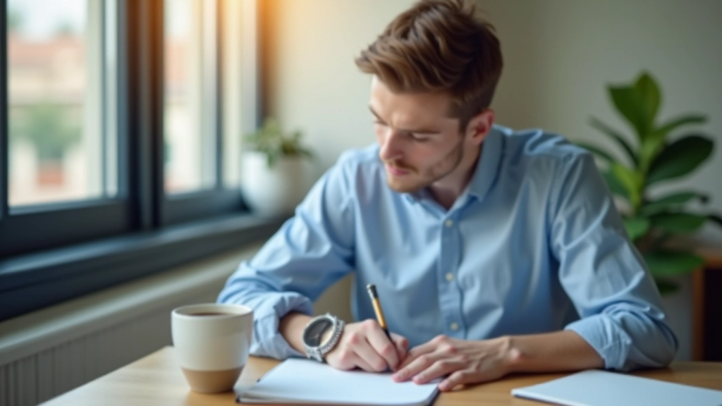 Persoon schrijft in notitieboek aan houten tafel met koffie, helderheid en focus, binnenomgeving