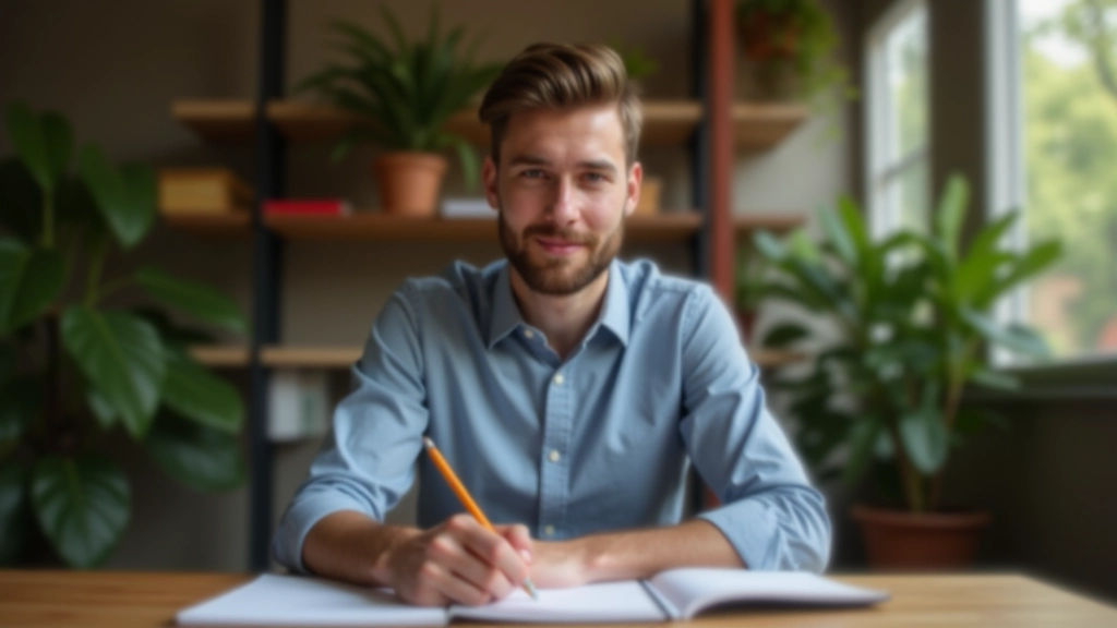 Persoon aan bureau met notitieboek en potlood, concentratie op leerproces, warme kantoorverlichting, scherpe focus