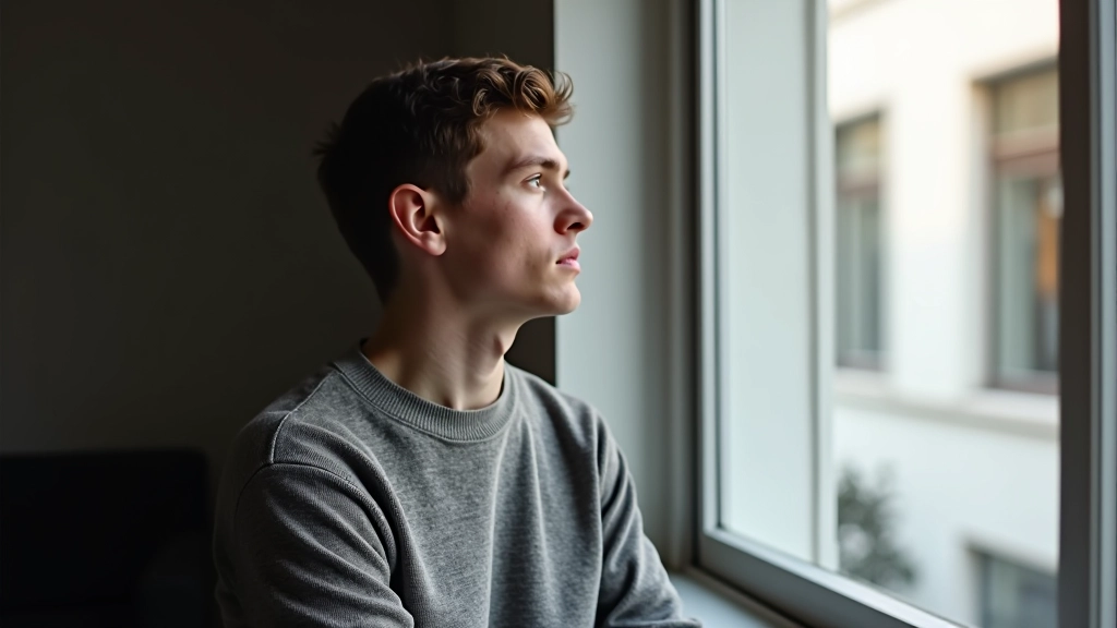 Persoon kijkt peinzend uit het raam, daglichting, contemplatie en introspectie, indoor setting