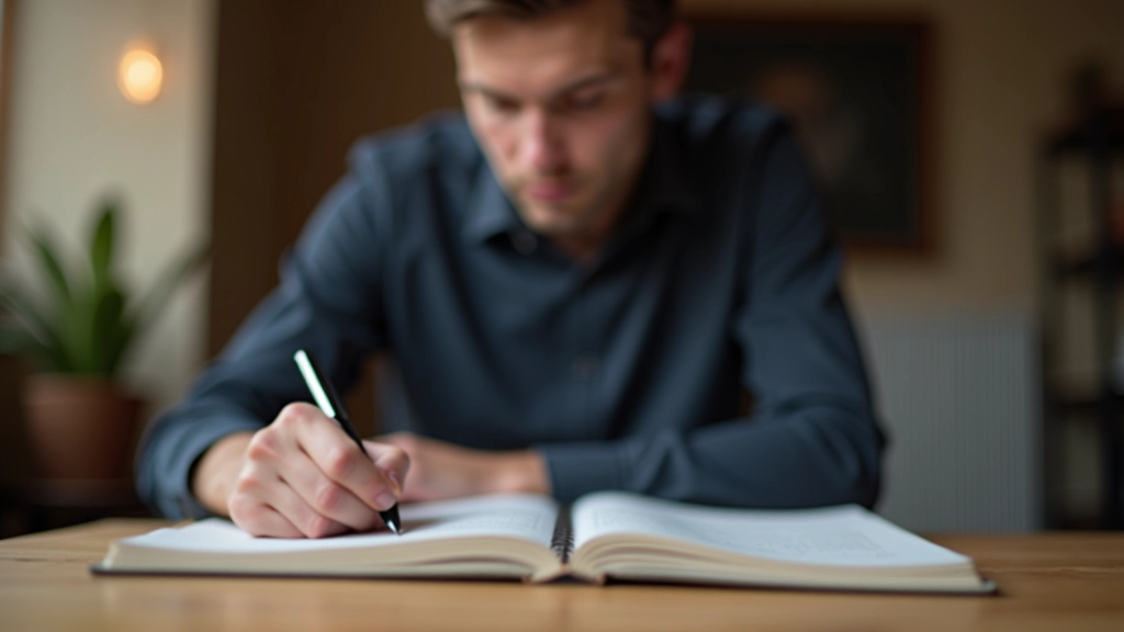 Persoon schrijft notities in journal, concentratie en reflectie, warme verlichting, houten tafel