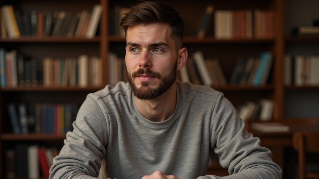 Persoon in reflectieve pose in bibliotheek omgeving, boeken en leermateriaal, rustige verlichting, concentratie en studie, serene sfeer