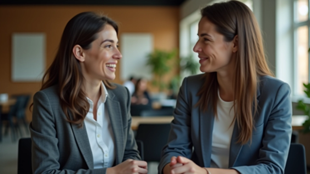 Twee personen in diepgaand gesprek, actief luisteren, modern kantoor, ondersteunende atmosfeer