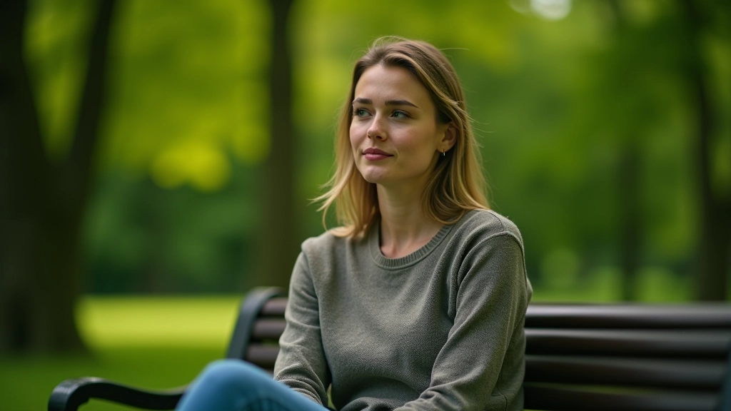Vrouw zittend op bankje in park, peinzend, groene natuur achtergrond, zonnig weer