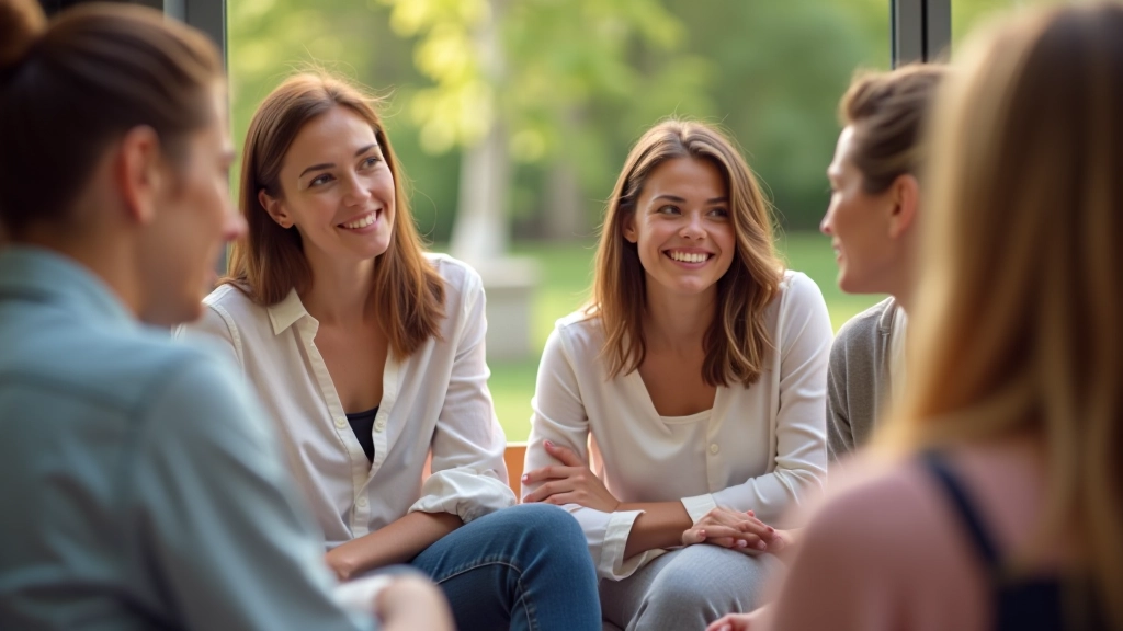 Vrouwen in groepsbijeenkomst, ondersteuning en gesprek, heldere daglicht, natuurlijke omgeving, vriendelijk gezichtsuitdrukking